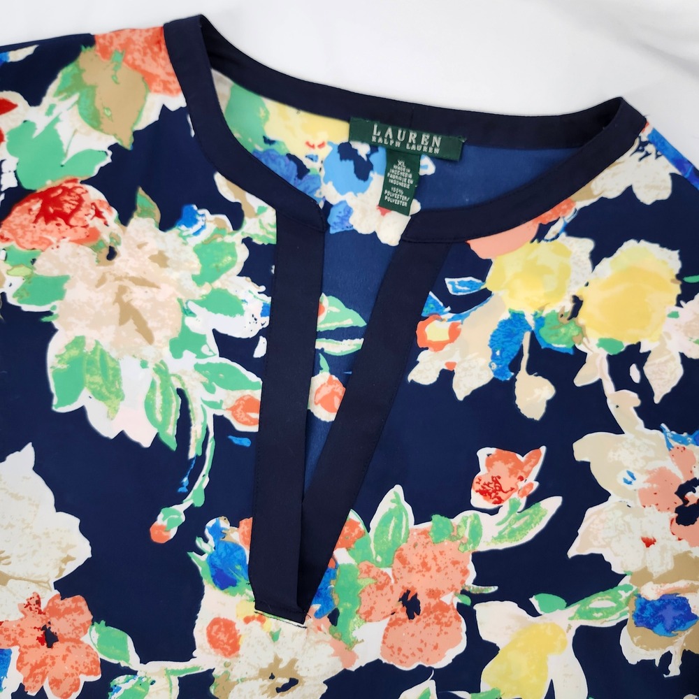 Lauren Ralph Lauren Womens Preppy Botanical Top Size XL Navy Career Artsy Floral